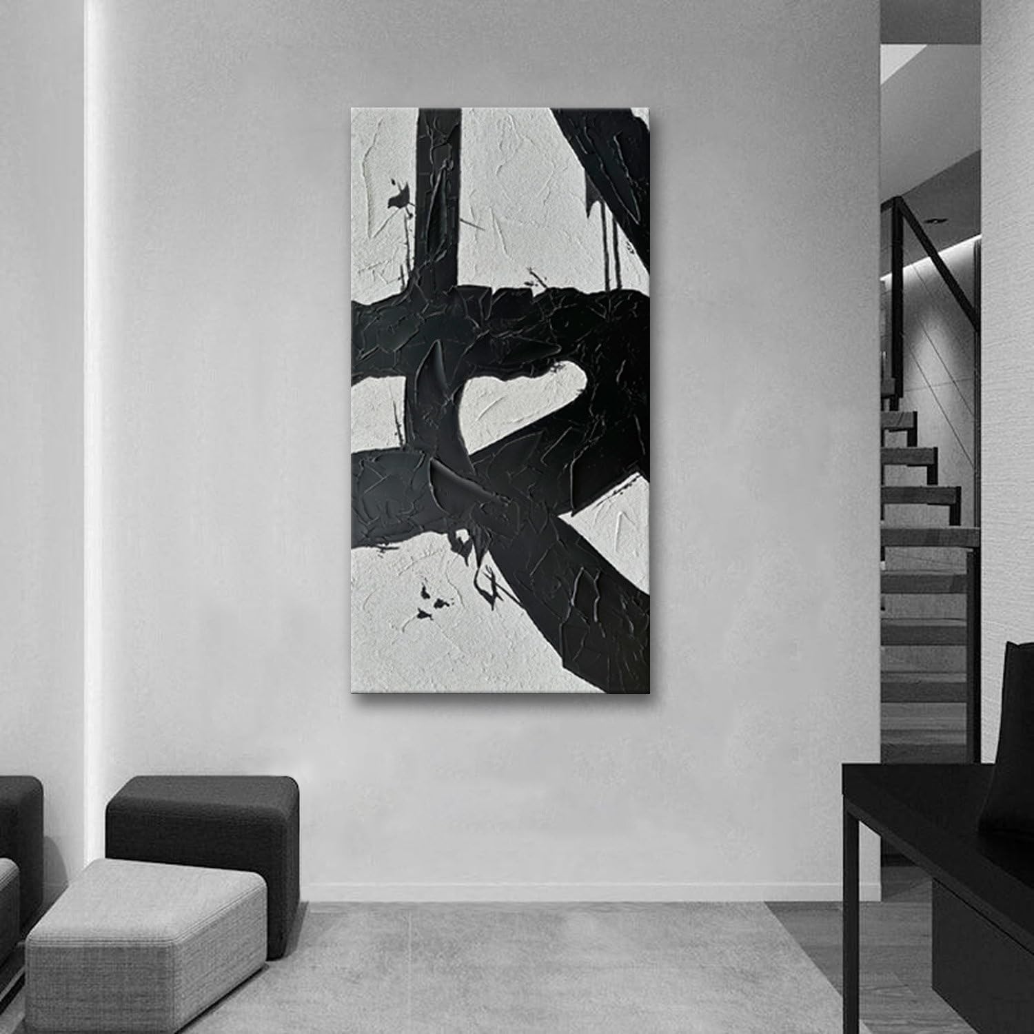 zoinart Hand Painted Large Wall Art, Black and White Textured Wall Art 30x60 Inches Modern Canvas Abstract Paintings Minimalist Artwork for Walls