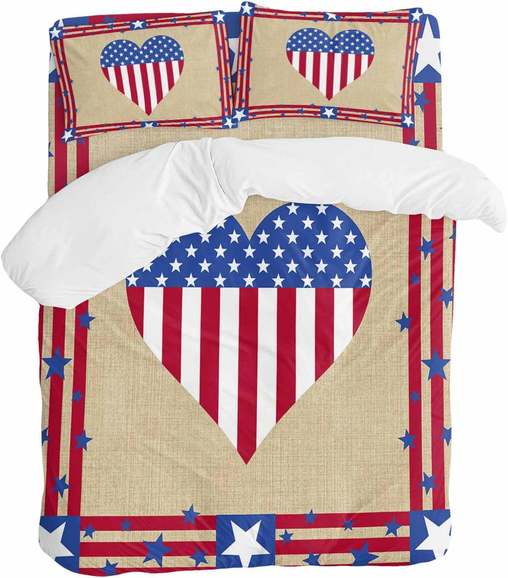 Prime Leader Happy 4th Duvet Cover Set Queen Size 4 Pieces of July USA Flag Love Heart Retro Linen Bedding Set with Zipper Closure, 1 Comforter Cover 86x86 Inches 1 Flat Sheet & 2 Pillow Cases