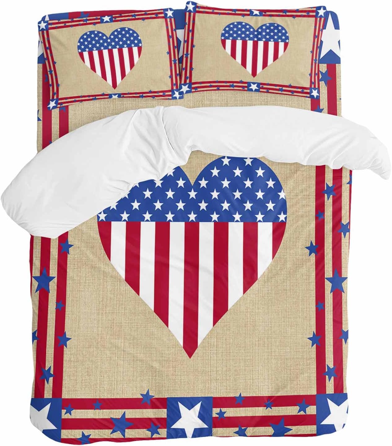 Prime Leader Happy 4th Duvet Cover Set Queen Size 4 Pieces of July USA Flag Love Heart Retro Linen Bedding Set with Zipper Closure, 1 Comforter Cover 86x86 Inches 1 Flat Sheet & 2 Pillow Cases
