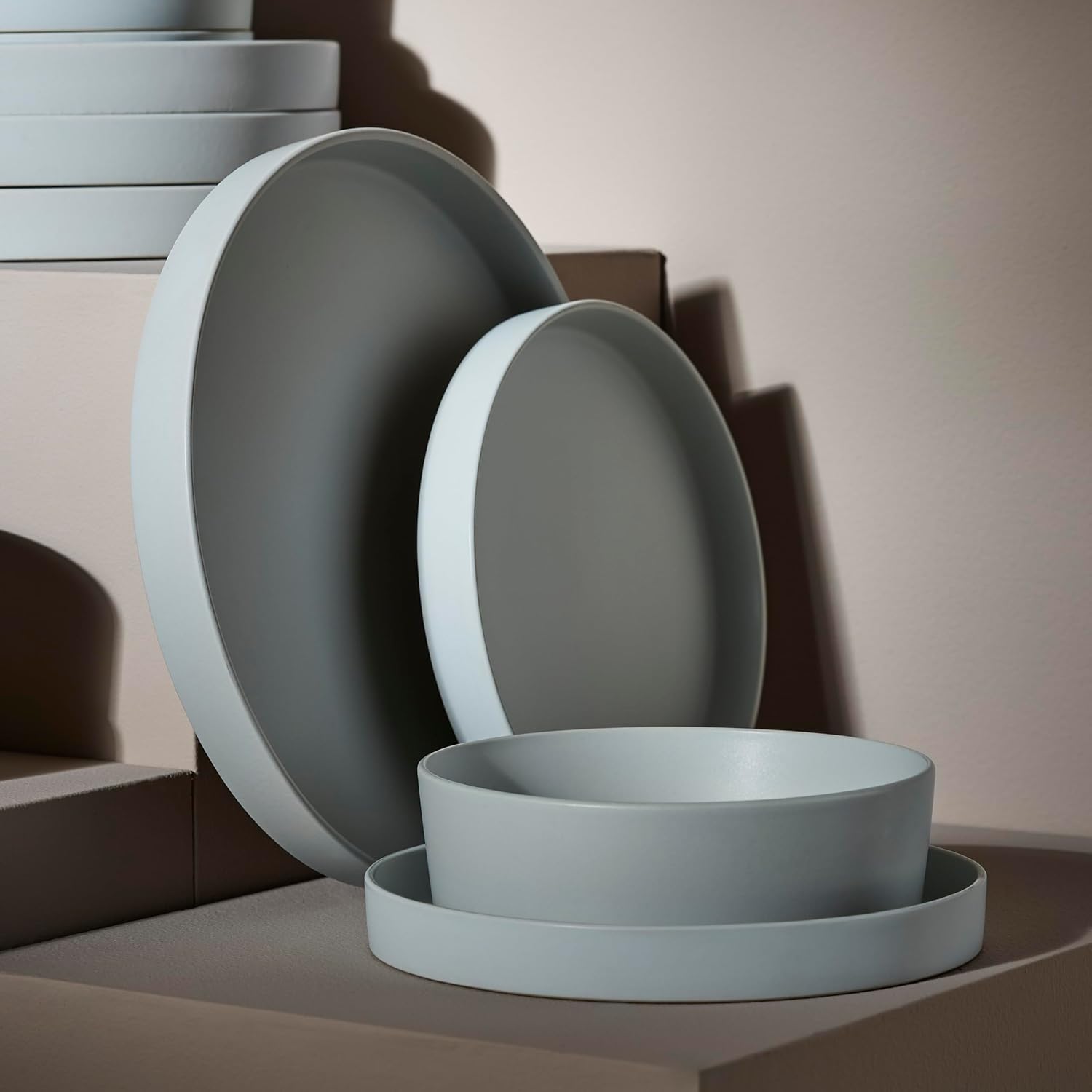 Stone by Mercer Project MODAN 24-Piece Stoneware Dinnerware Set, Plates and Bowls Sets, Dish Set for 8, Blue-Grey