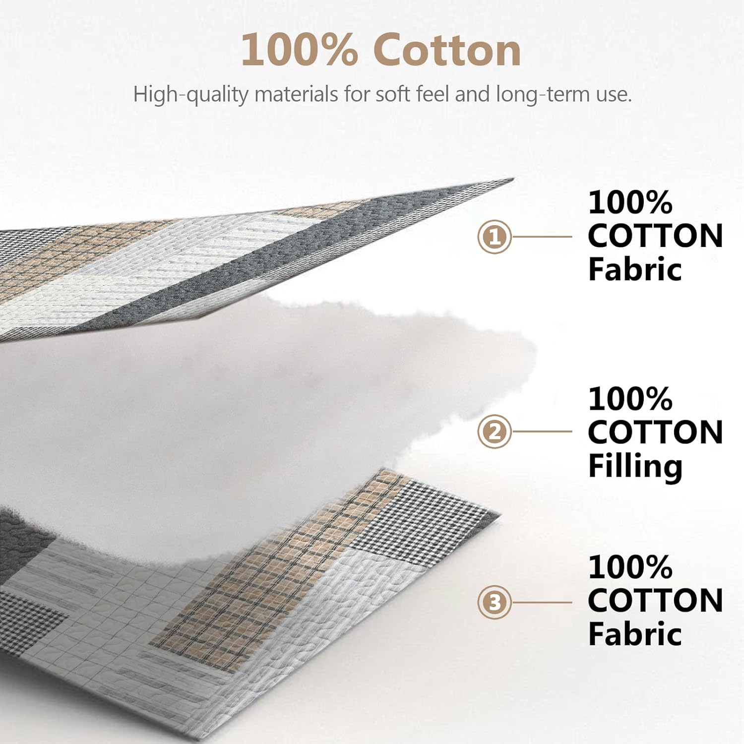 Quilts King Size, King Quilt Bedding Set Bedspread, 100% Cotton Patchwork Quilt for King Bed, 3 Pieces Plaid Farmhouse Reversible Lightweight Comforter Bed Spread, Grey/Tan/Black