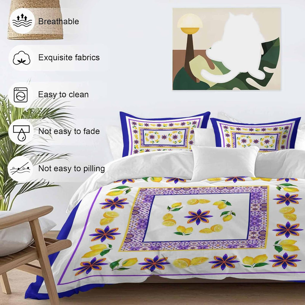 Mediterranean Style Lemon Floral Duvet Cover Set Queen Size 4 Pieces Blue Border Countryside Bedding Set with Zipper Closure, 1 Comforter Cover 92x106 Inches 1 Flat Sheet & 2 Pillow Cases