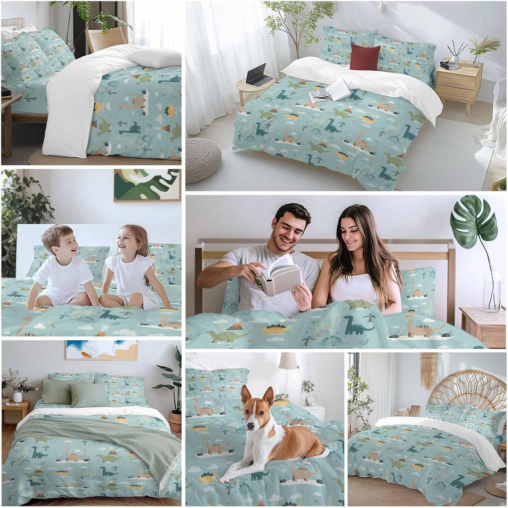 Green Cute Dinosaurs Duvet Cover Set Queen Size 4 Pieces Lovely Colorful Cartoon Animals Tree Cloud Bedding Set with Zipper Closure, 1 Comforter Cover 90x92 Inches 1 Flat Sheet & 2 Pillow Cases