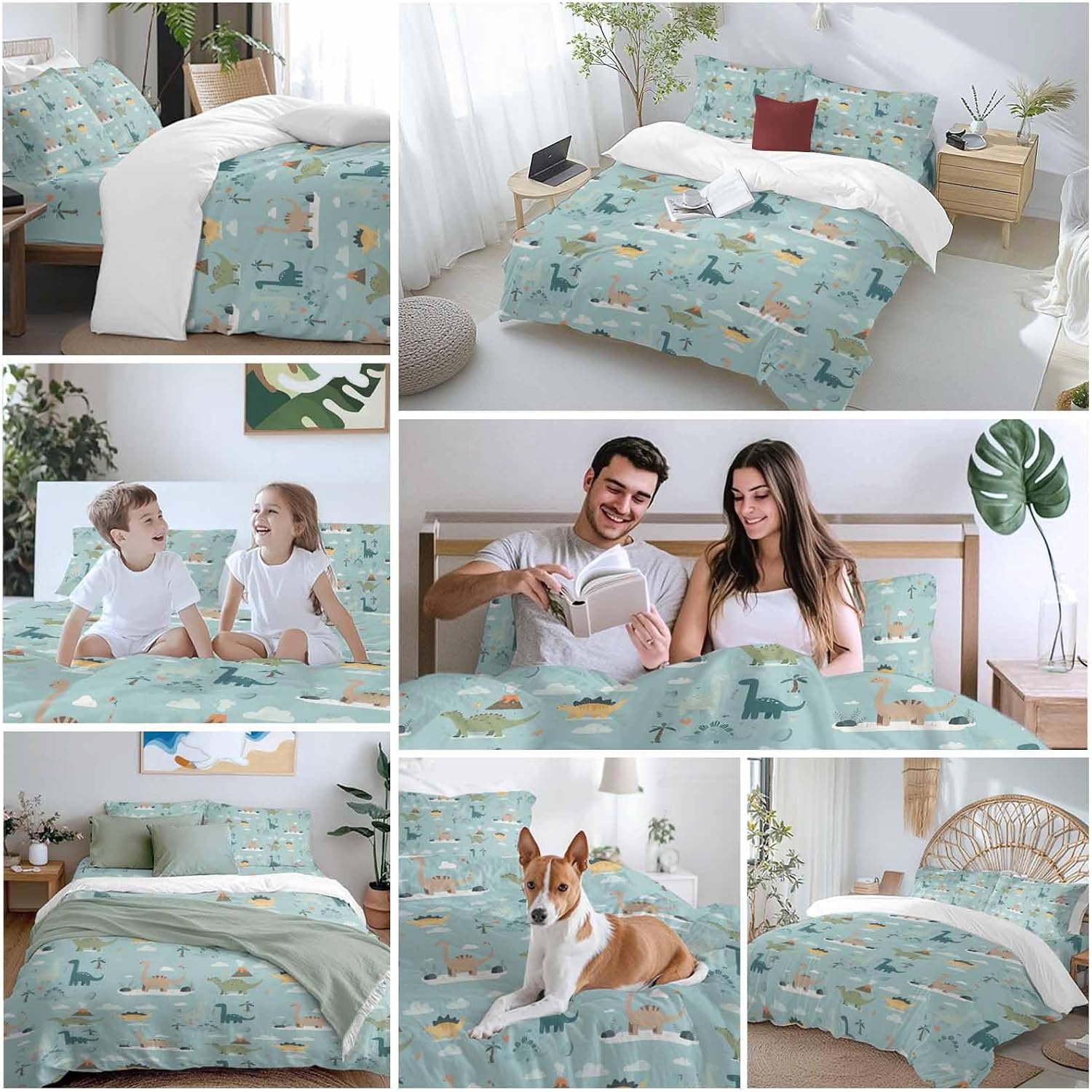 Green Cute Dinosaurs Duvet Cover Set Queen Size 4 Pieces Lovely Colorful Cartoon Animals Tree Cloud Bedding Set with Zipper Closure, 1 Comforter Cover 90x92 Inches 1 Flat Sheet & 2 Pillow Cases