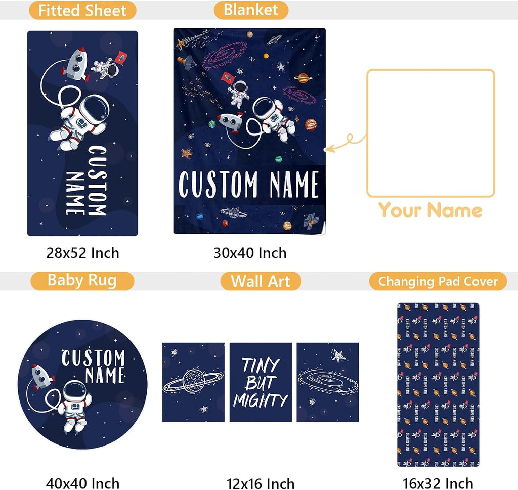 Terwex Personalized Crib Bedding Set, 5 Pcs Custom Nursery Bedding Sets with Name, Infant Bedding Set for Baby Boys, Blue Astronaut Double Layer Baby Crib Set, Babies Toddlers Kids Customized Gifts