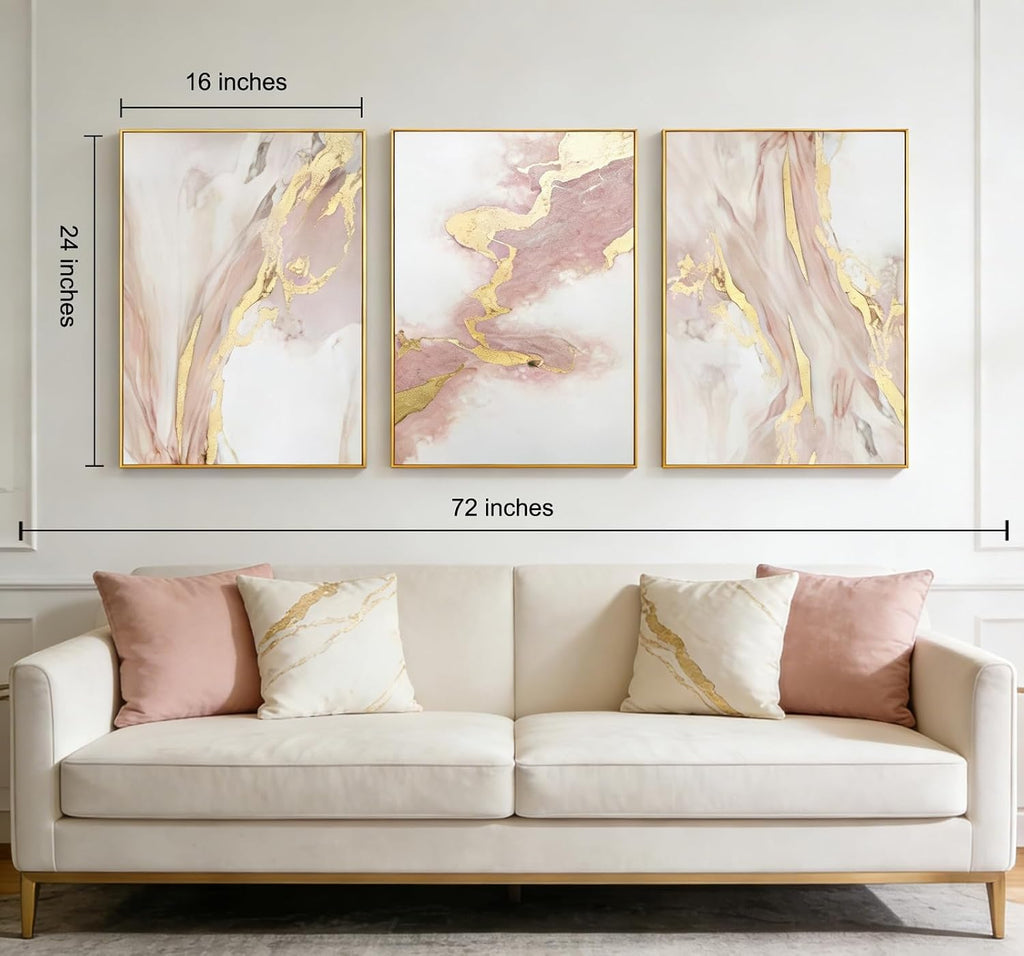 3 Piece Living Room Pink Wall Art, Framed Gold Abstract Painting Water Flow Shape for Bedroom,Modern Pink Wall Decor Home Decor Ready to Hang 24x48 inches