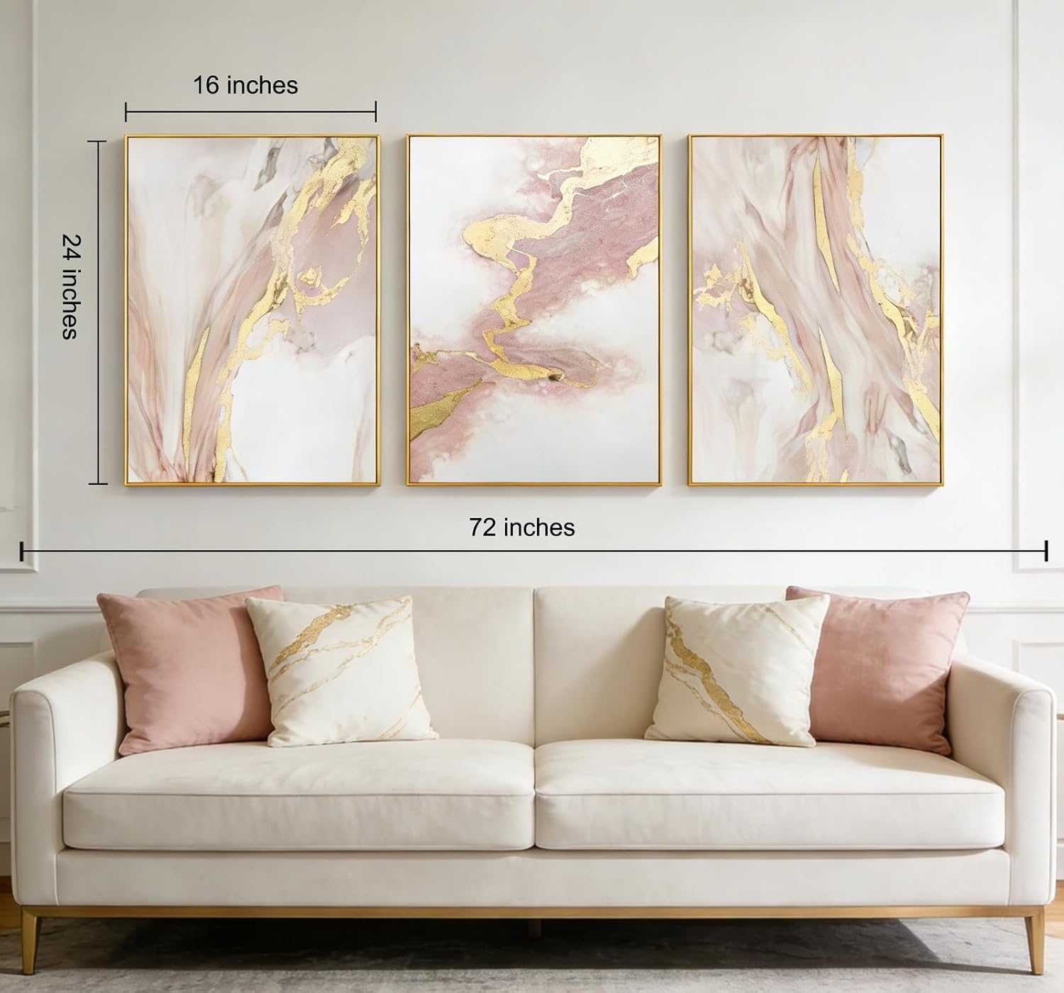 3 Piece Living Room Pink Wall Art, Framed Gold Abstract Painting Water Flow Shape for Bedroom,Modern Pink Wall Decor Home Decor Ready to Hang 24x48 inches