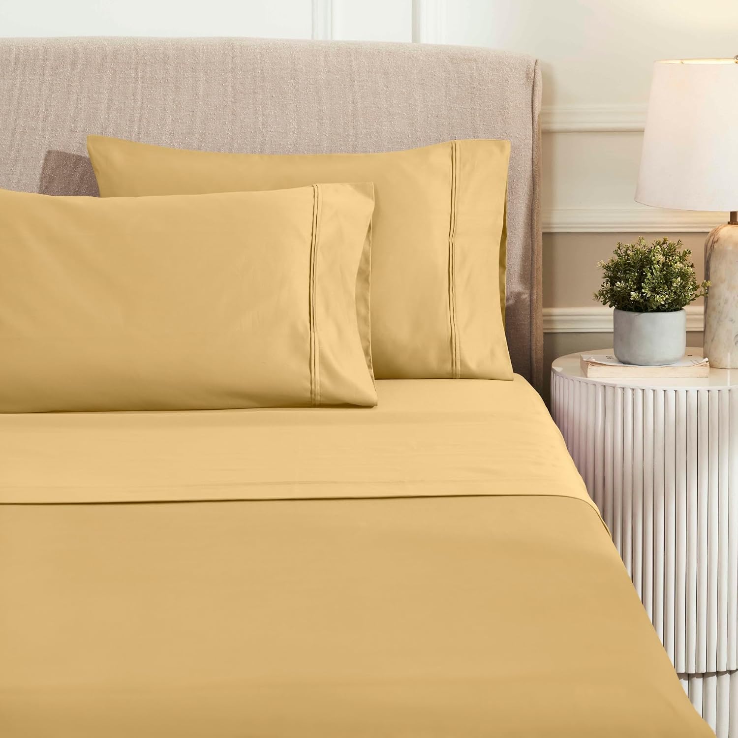 Superior 1200 Thread Count Egyptian Cotton Sheet Set, Bedroom Sheets, Modern Home Essentials, Luxury Bedding, 1 Elastic Deep Pocket Fitted Bed Sheet, 1 Flat Sheet, 2 Pillowcases, King, Gold
