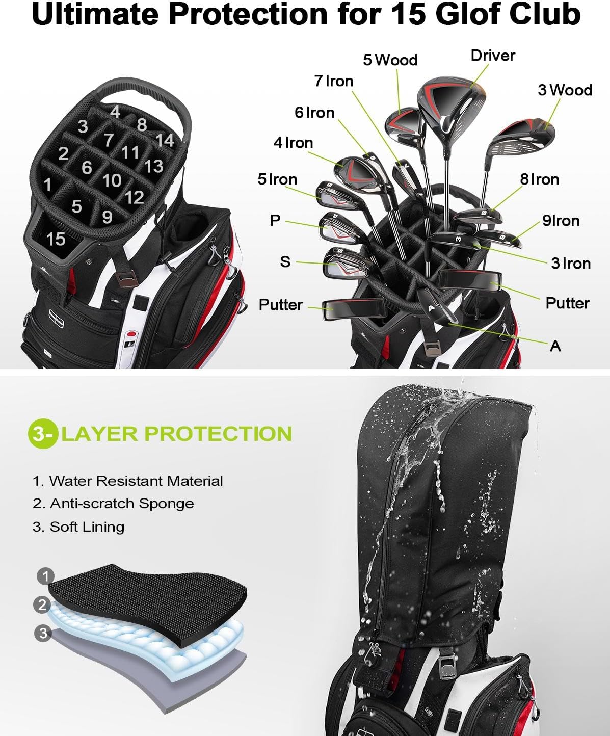 Vancropak Golf Cart Bag, Golf Gifts for Men with 15 Way Divider Top, USB Charging Port, Waterproof Protective Rain Cover, Shoe Compartment, Cooler Pocket, Tracker Slot, Umbrella Holder, Golfer Gifts