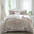 Ethnic Art Boho Duvet Cover Set Queen Size 4 Pieces Abstract Geometric Brown Flower Pattern Retro Border Bedding Set with Zipper Closure, 1 Comforter Cover 92x106 Inches 1 Flat Sheet & 2 Pillow Cases