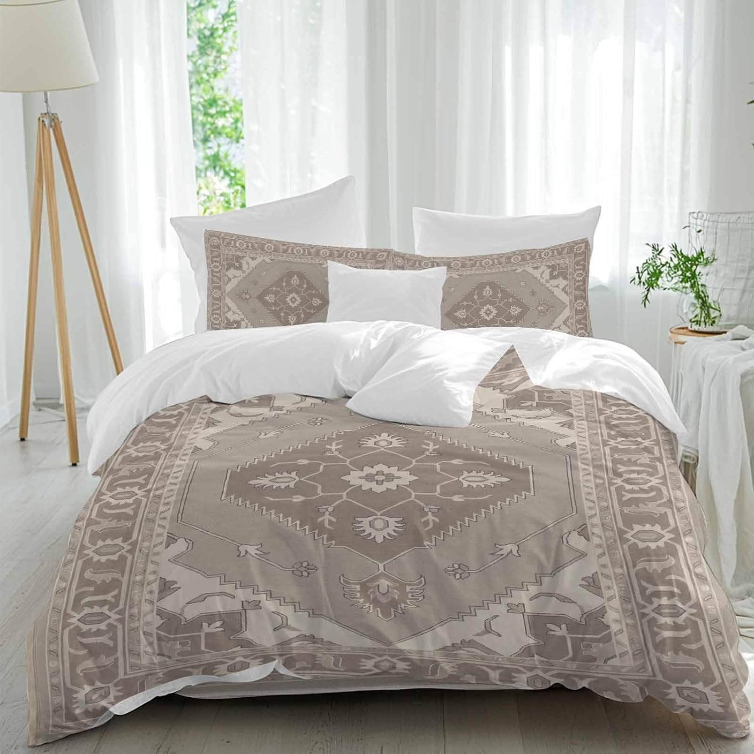 Ethnic Art Boho Duvet Cover Set Queen Size 4 Pieces Abstract Geometric Brown Flower Pattern Retro Border Bedding Set with Zipper Closure, 1 Comforter Cover 92x106 Inches 1 Flat Sheet & 2 Pillow Cases