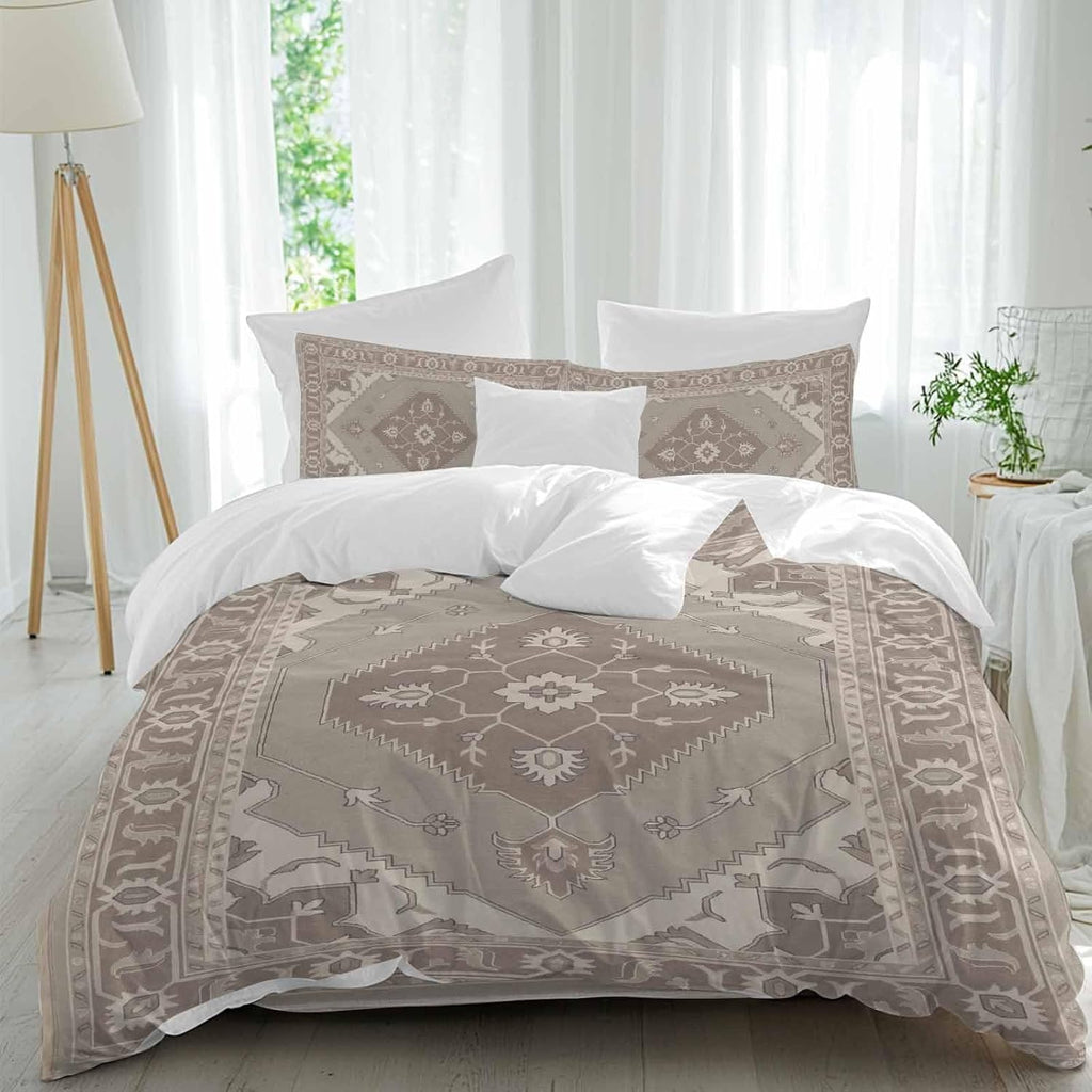 Ethnic Art Boho Duvet Cover Set Queen Size 4 Pieces Abstract Geometric Brown Flower Pattern Retro Border Bedding Set with Zipper Closure, 1 Comforter Cover 90x92 Inches 1 Flat Sheet & 2 Pillow Cases
