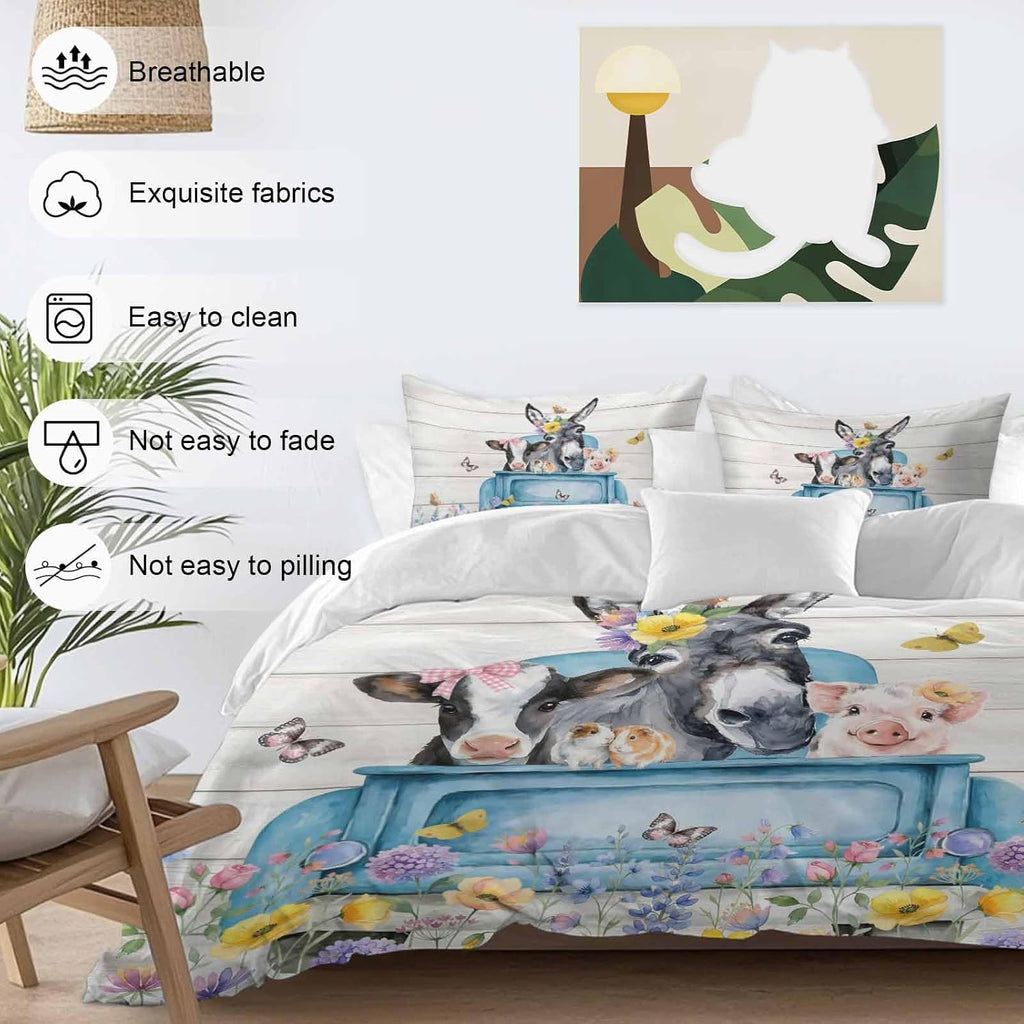 Farm Truck Animal Duvet Cover Set Queen Size 4 Pieces Donkeys Cows Pigs Wildflowers Wood Pattern Bedding Set with Zipper Closure, 1 Comforter Cover 92x106 Inches 1 Flat Sheet & 2 Pillow Cases