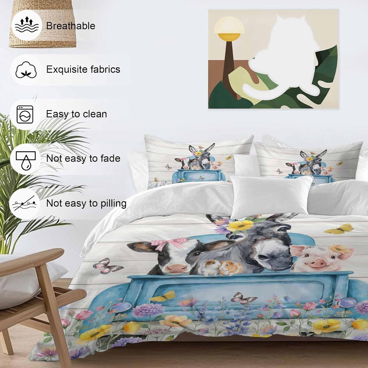 Farm Truck Animal Duvet Cover Set Queen Size 4 Pieces Donkeys Cows Pigs Wildflowers Wood Pattern Bedding Set with Zipper Closure, 1 Comforter Cover 92x106 Inches 1 Flat Sheet & 2 Pillow Cases