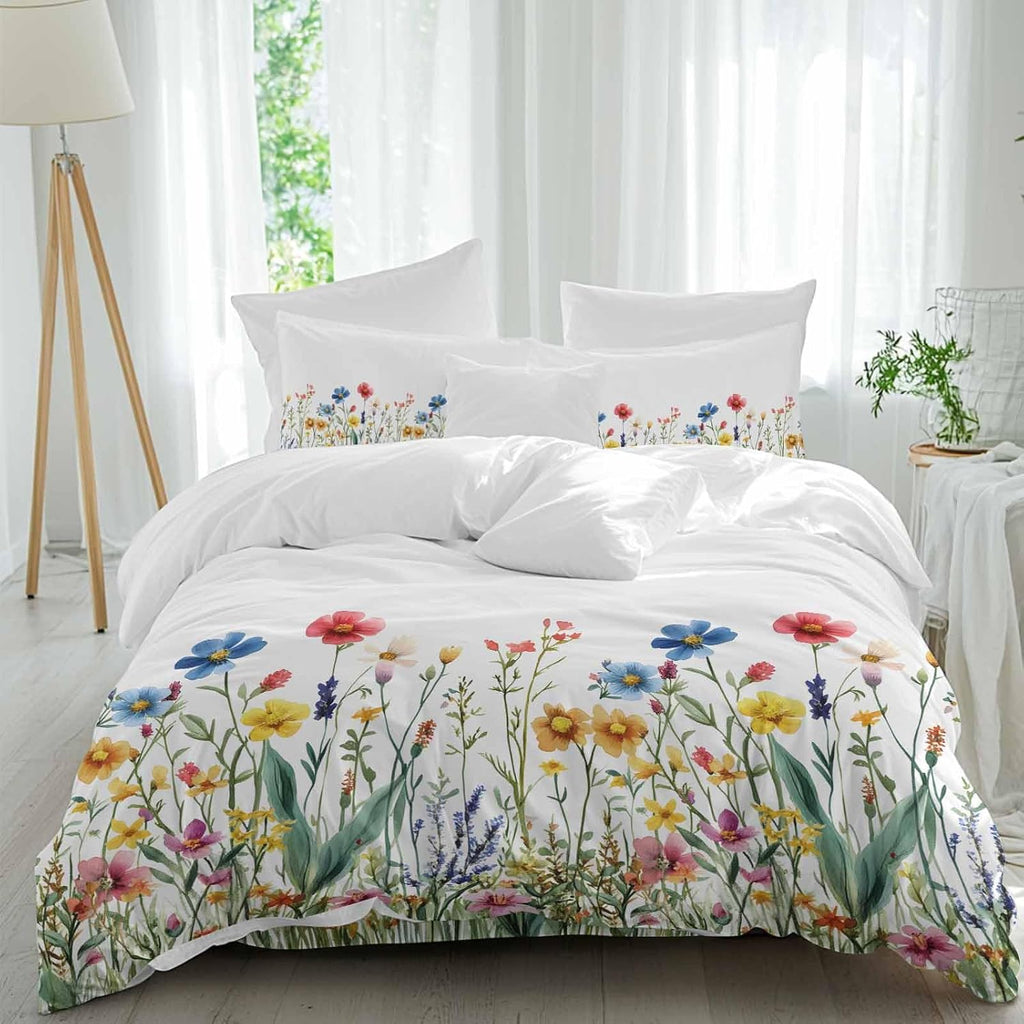 Spring Summer Duvet Cover Set Queen Size 4 Pieces Colorful Wildflower Leaves Sage Green Leaf Bedding Set with Zipper Closure, 1 Comforter Cover 92x106 Inches 1 Flat Sheet & 2 Pillow Cases