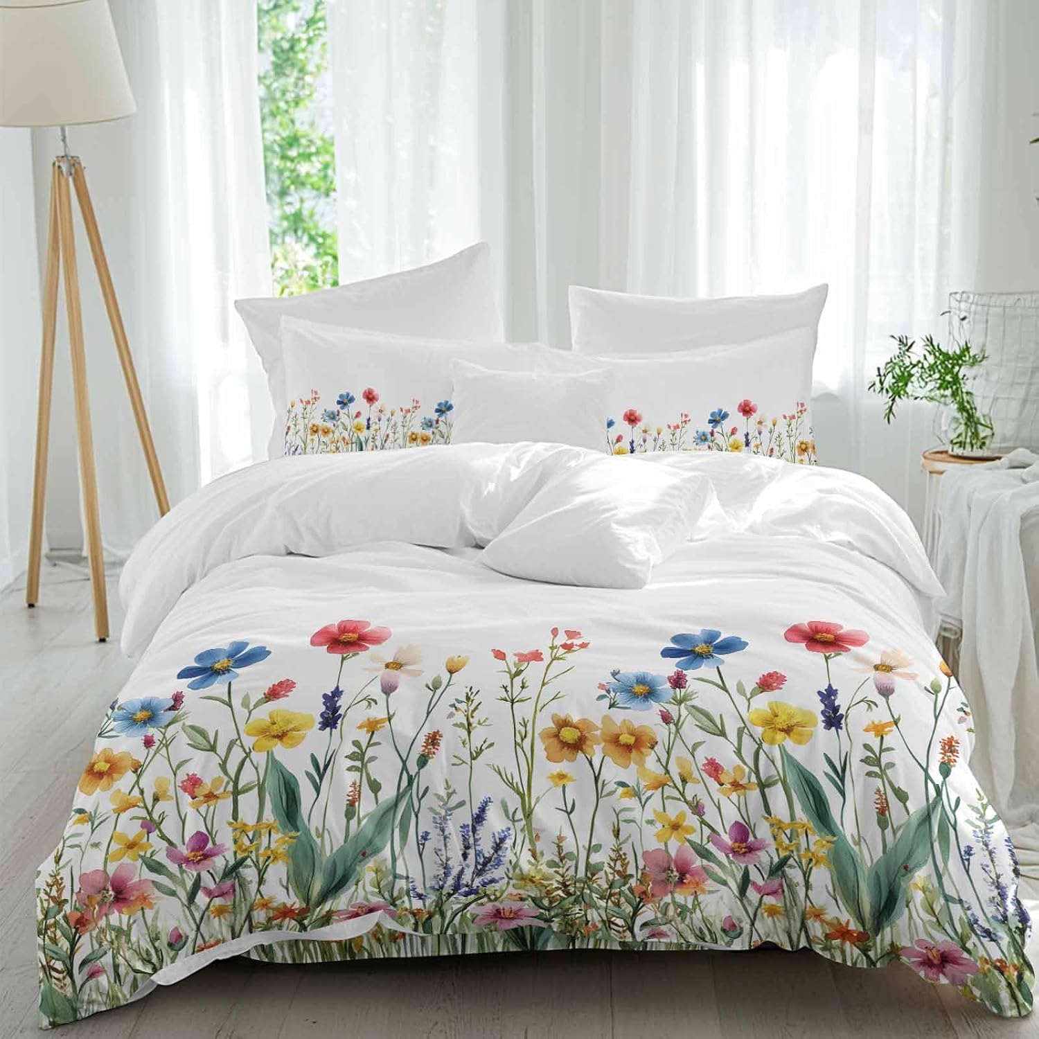 Spring Summer Duvet Cover Set Queen Size 4 Pieces Colorful Wildflower Leaves Sage Green Leaf Bedding Set with Zipper Closure, 1 Comforter Cover 92x106 Inches 1 Flat Sheet & 2 Pillow Cases