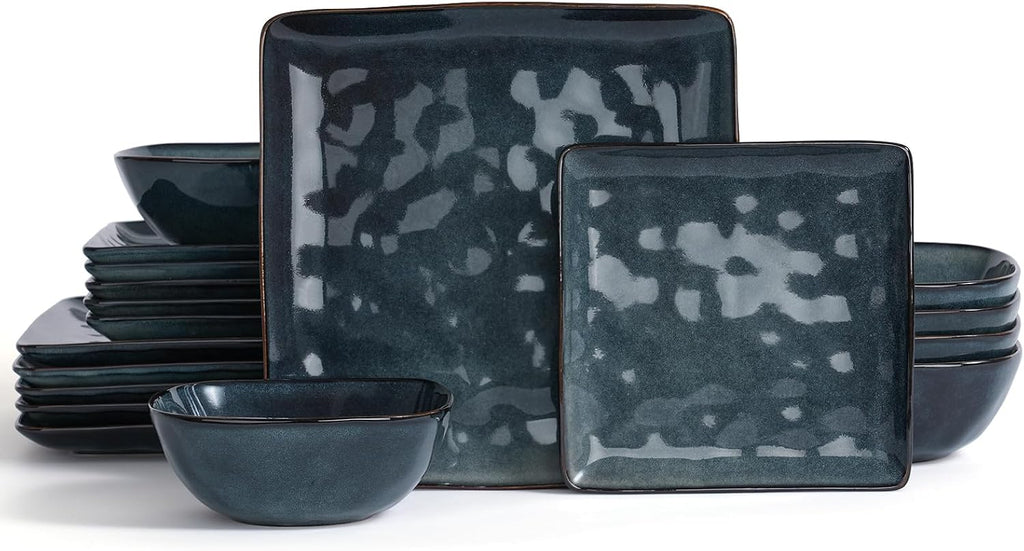 Famiware Ocean Square Plates and Bowls Set, 18 Pieces Stoneware Dinnerware Sets, Dishes Set for 6, Microwave and Dishwasher Safe, Scratch Resistant, Deep Forest