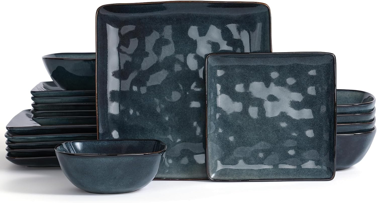 Famiware Ocean Square Plates and Bowls Set, 18 Pieces Stoneware Dinnerware Sets, Dishes Set for 6, Microwave and Dishwasher Safe, Scratch Resistant, Deep Forest