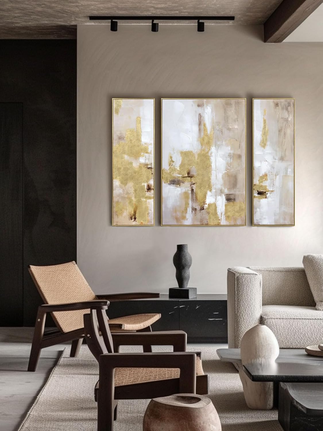3 Piece Abstract Wall Art for Living Room – Gold and Beige Modern Textured Canvas Prints with Hand-Applied Brush Strokes, Large Wall Decor for Bedroom, Office, or Dining Room, 2 Piece 12 x 36 and 1 Piece 24 x 36 Inches