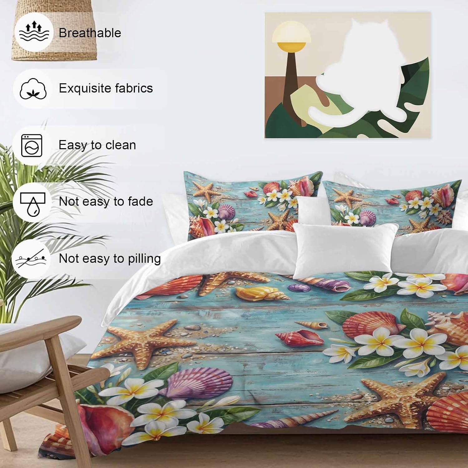 Ocean Beach Duvet Cover Set Queen Size 4 Pieces Summer Starfish Shell Flowers Leaf Blue Wooden Bedding Set with Zipper Closure, 1 Comforter Cover 86x86 Inches 1 Flat Sheet & 2 Pillow Cases