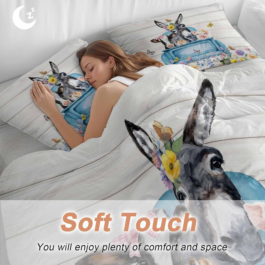 Farm Truck Animal Duvet Cover Set Queen Size 4 Pieces Donkeys Cows Pigs Wildflowers Wood Pattern Bedding Set with Zipper Closure, 1 Comforter Cover 92x106 Inches 1 Flat Sheet & 2 Pillow Cases