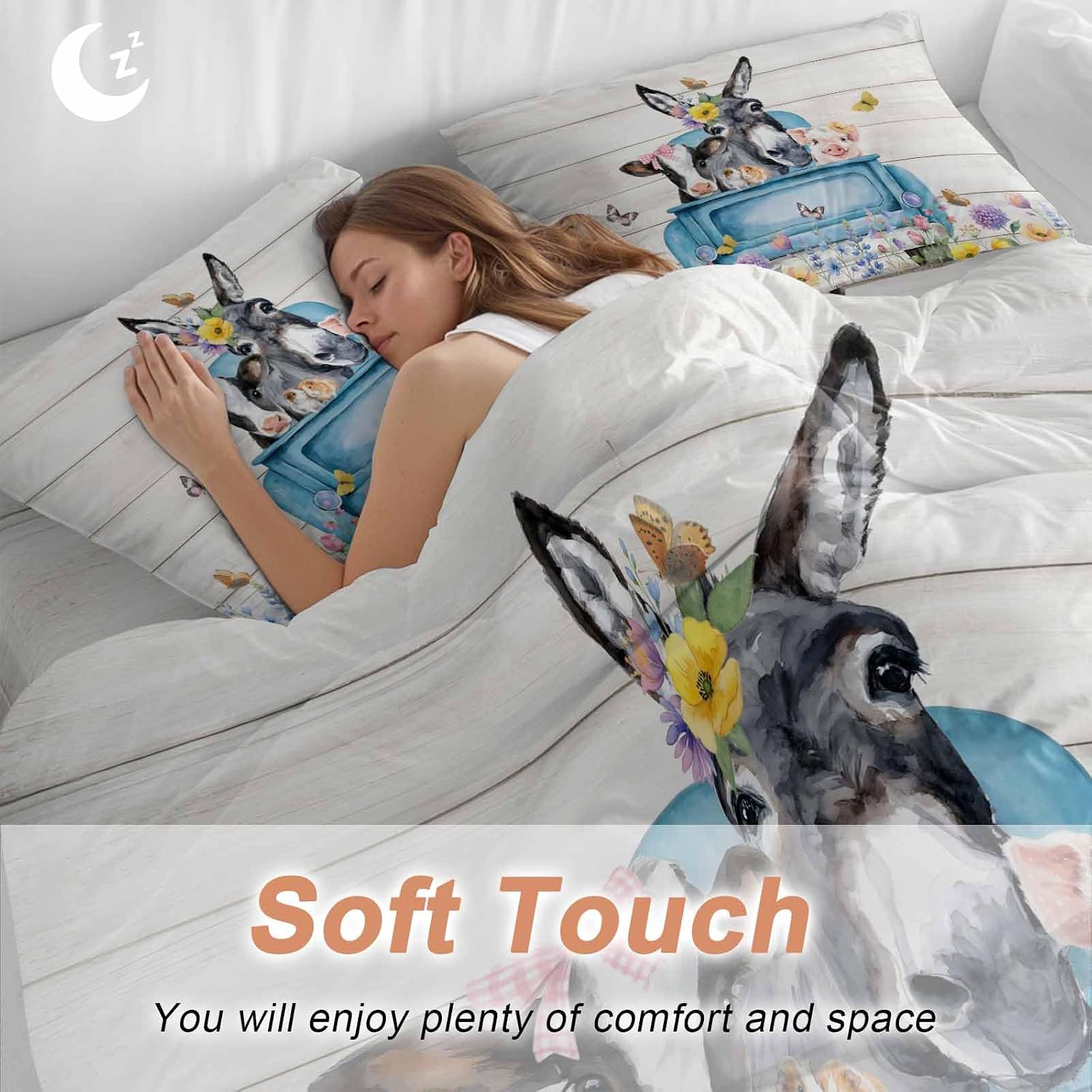 Farm Truck Animal Duvet Cover Set Queen Size 4 Pieces Donkeys Cows Pigs Wildflowers Wood Pattern Bedding Set with Zipper Closure, 1 Comforter Cover 92x106 Inches 1 Flat Sheet & 2 Pillow Cases