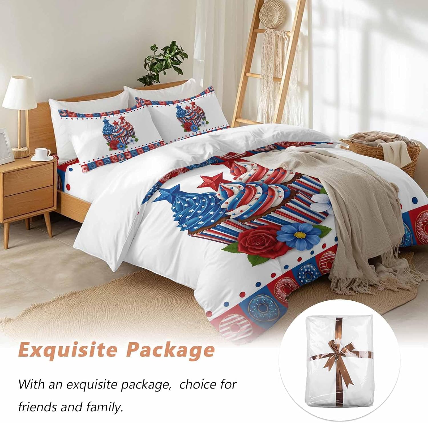 Independence Day Cupcakes Duvet Cover Set Queen Size 4 Pieces 4th of July Red Blue White Star Rose Flower Bedding Set with Zipper Closure, 1 Comforter Cover 92x106 Inches 1 Flat Sheet & 2 Pillow Cases