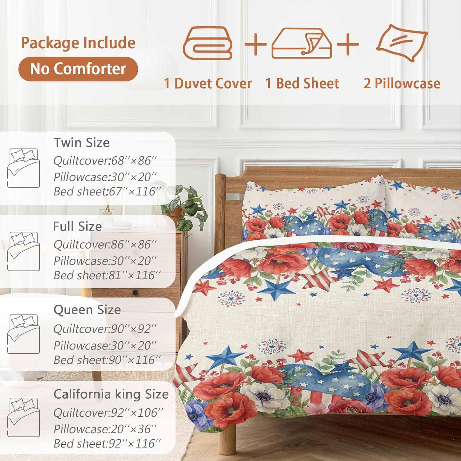 Independence Day Duvet Cover Set Queen Size 4 Pieces Blue Red White Floral Flower Love Heart Retro Bedding Set with Zipper Closure, 1 Comforter Cover 90x92 Inches 1 Flat Sheet & 2 Pillow Cases