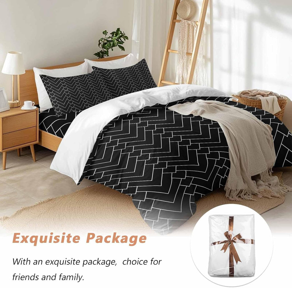 Prime Leader Abstract Line Duvet Cover Set Queen Size 4 Pieces Herringbone Black White Modern Simple Bedding Set with Zipper Closure, 1 Comforter Cover 90x92 Inches 1 Flat Sheet & 2 Pillow Cases