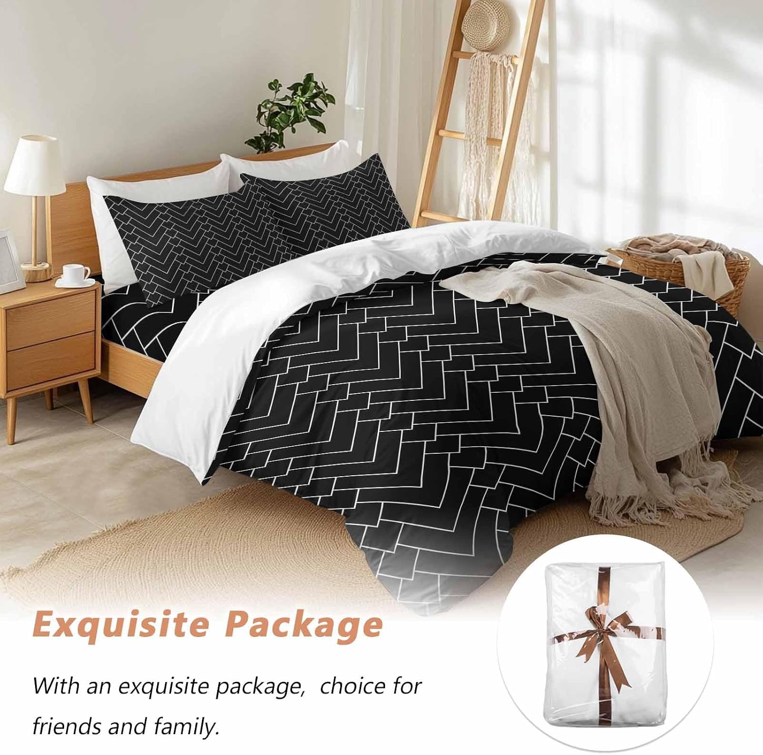 Prime Leader Abstract Line Duvet Cover Set Queen Size 4 Pieces Herringbone Black White Modern Simple Bedding Set with Zipper Closure, 1 Comforter Cover 90x92 Inches 1 Flat Sheet & 2 Pillow Cases