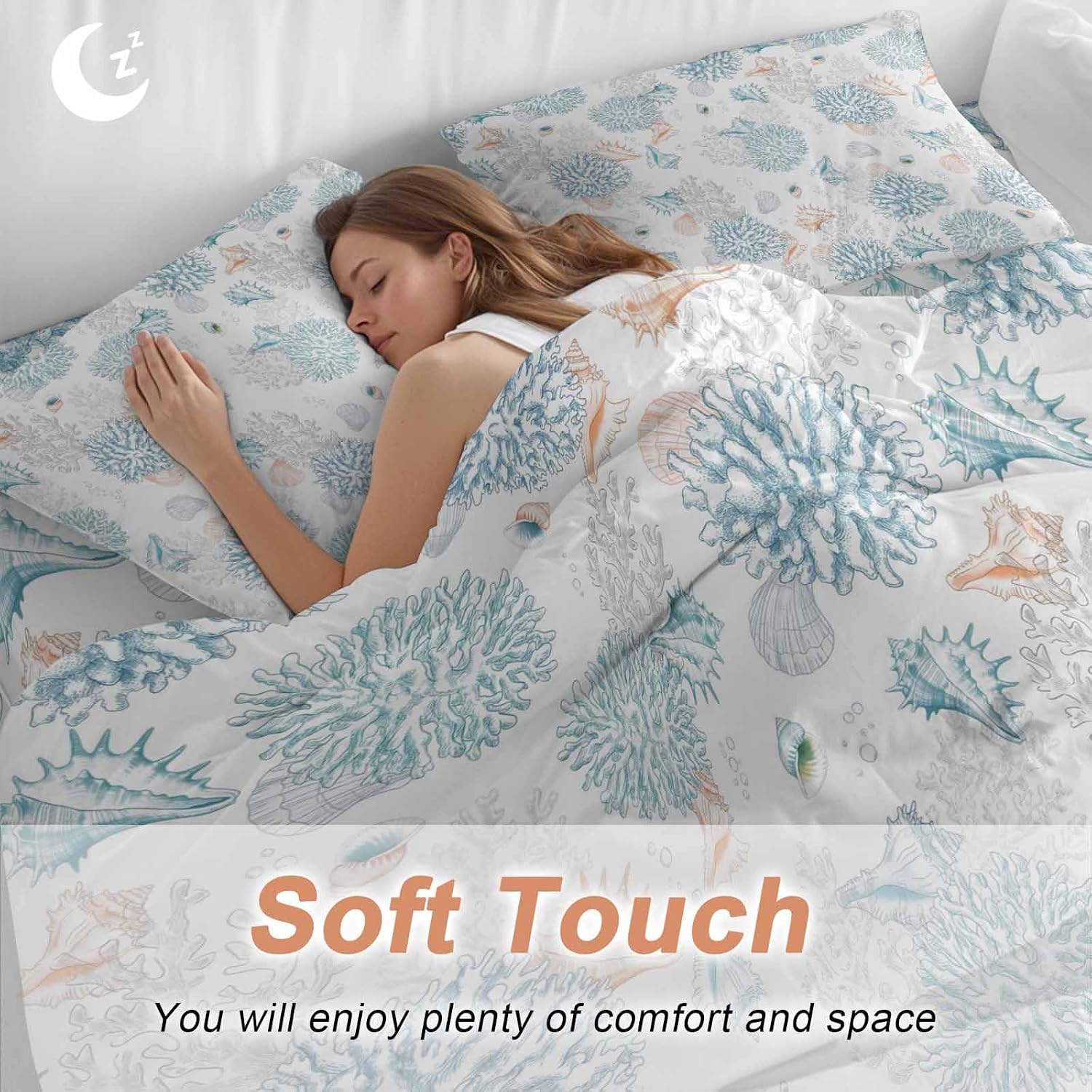 Summer Marine Life Duvet Cover Set Queen Size 4 Pieces Ocean Blue Coral Shells Coastal Conch Bedding Set with Zipper Closure, 1 Comforter Cover 92x106 Inches 1 Flat Sheet & 2 Pillow Cases