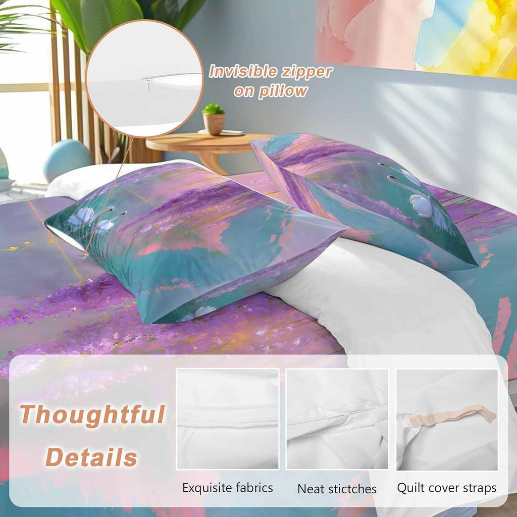 Swan Duvet Cover Set Queen Size 4 Pieces Oil Painting Spring Wisteria Gradient Pink Green Lake Bedding Set with Zipper Closure, 1 Comforter Cover 90x92 Inches 1 Flat Sheet & 2 Pillow Cases
