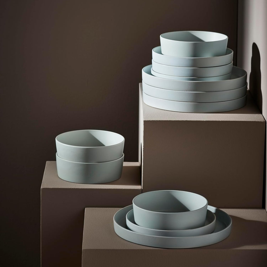 Stone by Mercer Project MODAN 24-Piece Stoneware Dinnerware Set, Plates and Bowls Sets, Dish Set for 8, Blue-Grey