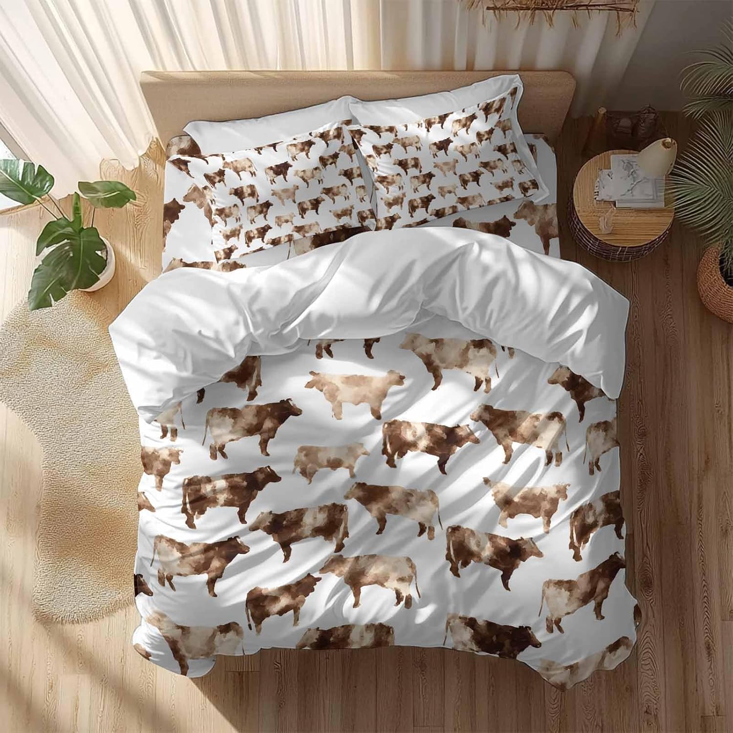 Prime Leader Farmhouse Cow Duvet Cover Set Queen Size 4 Pieces Watercolors Beige Brown Rustic Farm Animal Bedding Set with Zipper Closure, 1 Comforter Cover 86x86 Inches 1 Flat Sheet & 2 Pillow Cases