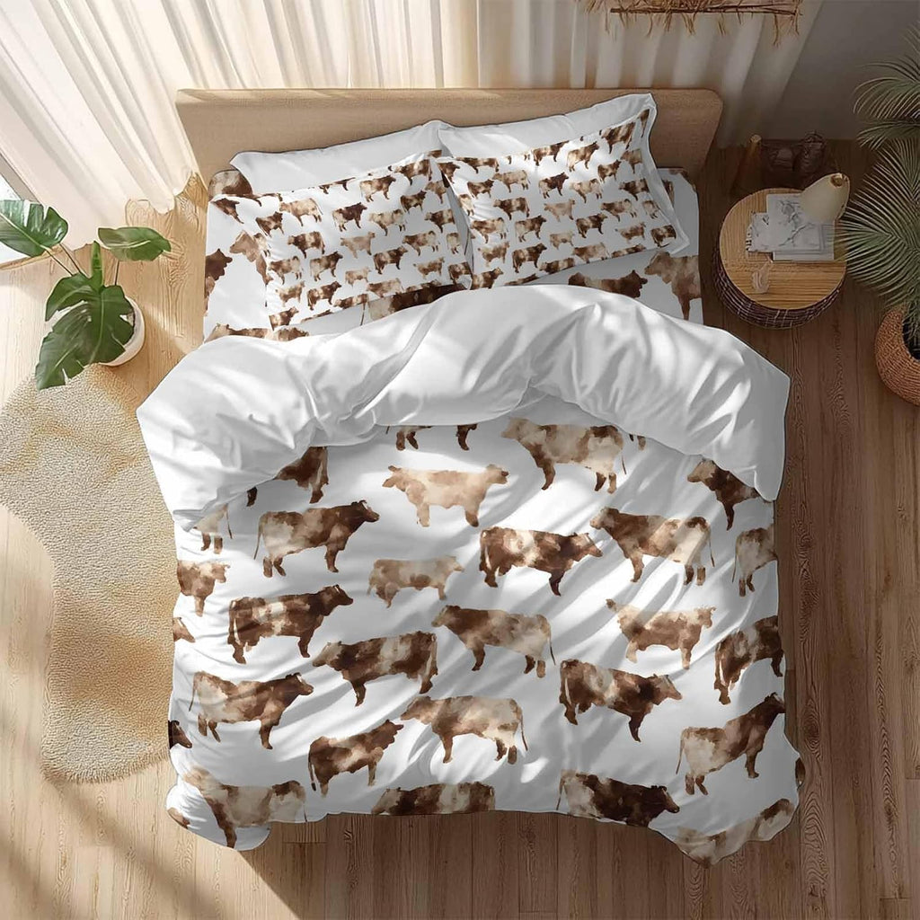 Farmhouse Cow Duvet Cover Set Queen Size 4 Pieces Watercolors Beige Brown Rustic Farm Animal Bedding Set with Zipper Closure, 1 Comforter Cover 92x106 Inches 1 Flat Sheet & 2 Pillow Cases