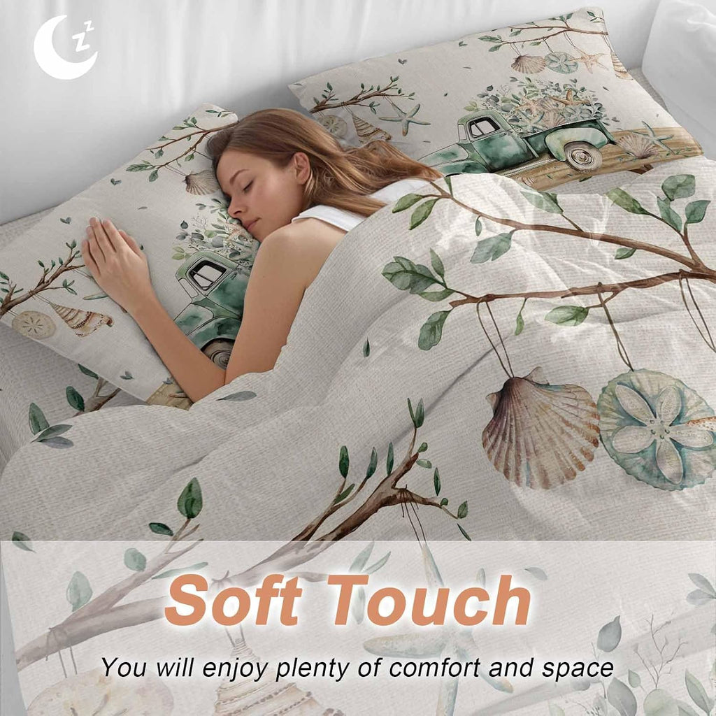 Prime Leader Sage Green Truck Duvet Cover Set Queen Size 4 Pieces Ocean Starfish Shell Summer Leaf Wood Bedding Set with Zipper Closure, 1 Comforter Cover 90x92 Inches 1 Flat Sheet & 2 Pillow Cases