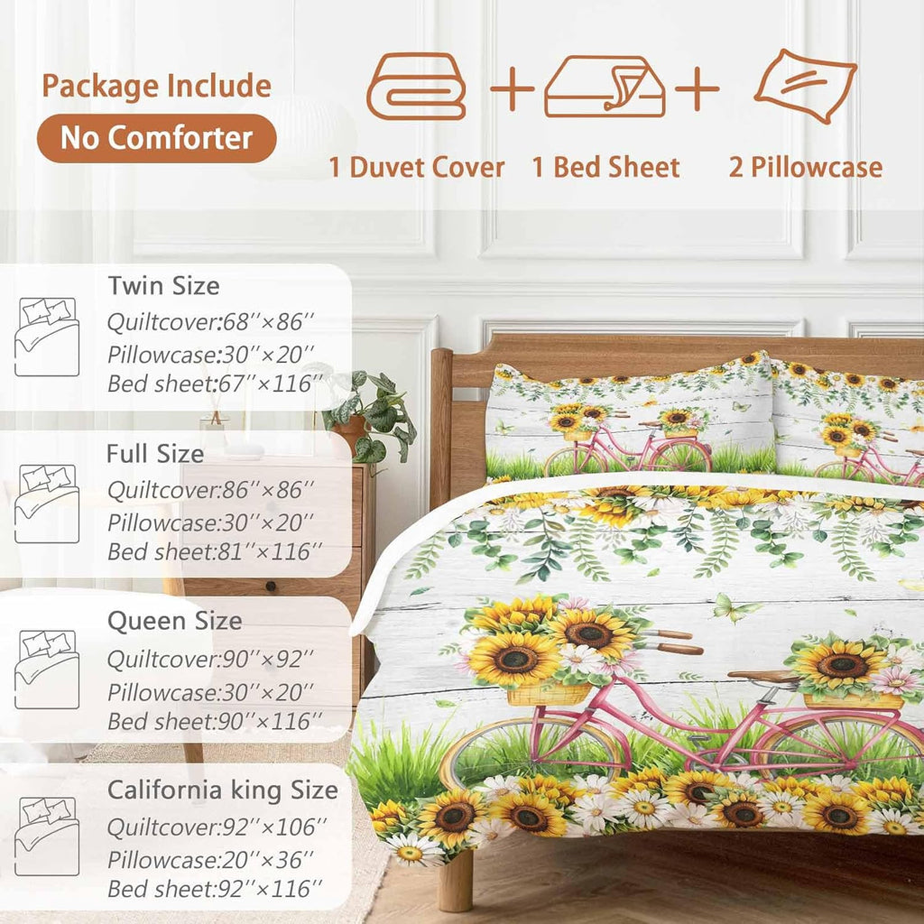 Spring Floral Duvet Cover Set Queen Size 4 Pieces Sunflower Daisy Bike Eucalyptus Leaves Grey Wood Bedding Set with Zipper Closure, 1 Comforter Cover 90x92 Inches 1 Flat Sheet & 2 Pillow Cases