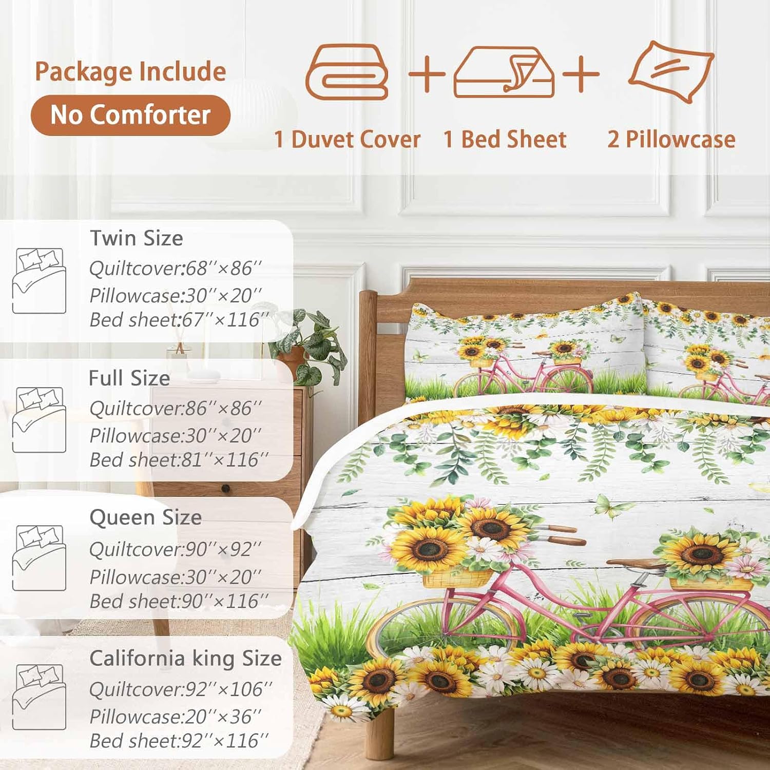 Spring Floral Duvet Cover Set Queen Size 4 Pieces Sunflower Daisy Bike Eucalyptus Leaves Grey Wood Bedding Set with Zipper Closure, 1 Comforter Cover 90x92 Inches 1 Flat Sheet & 2 Pillow Cases