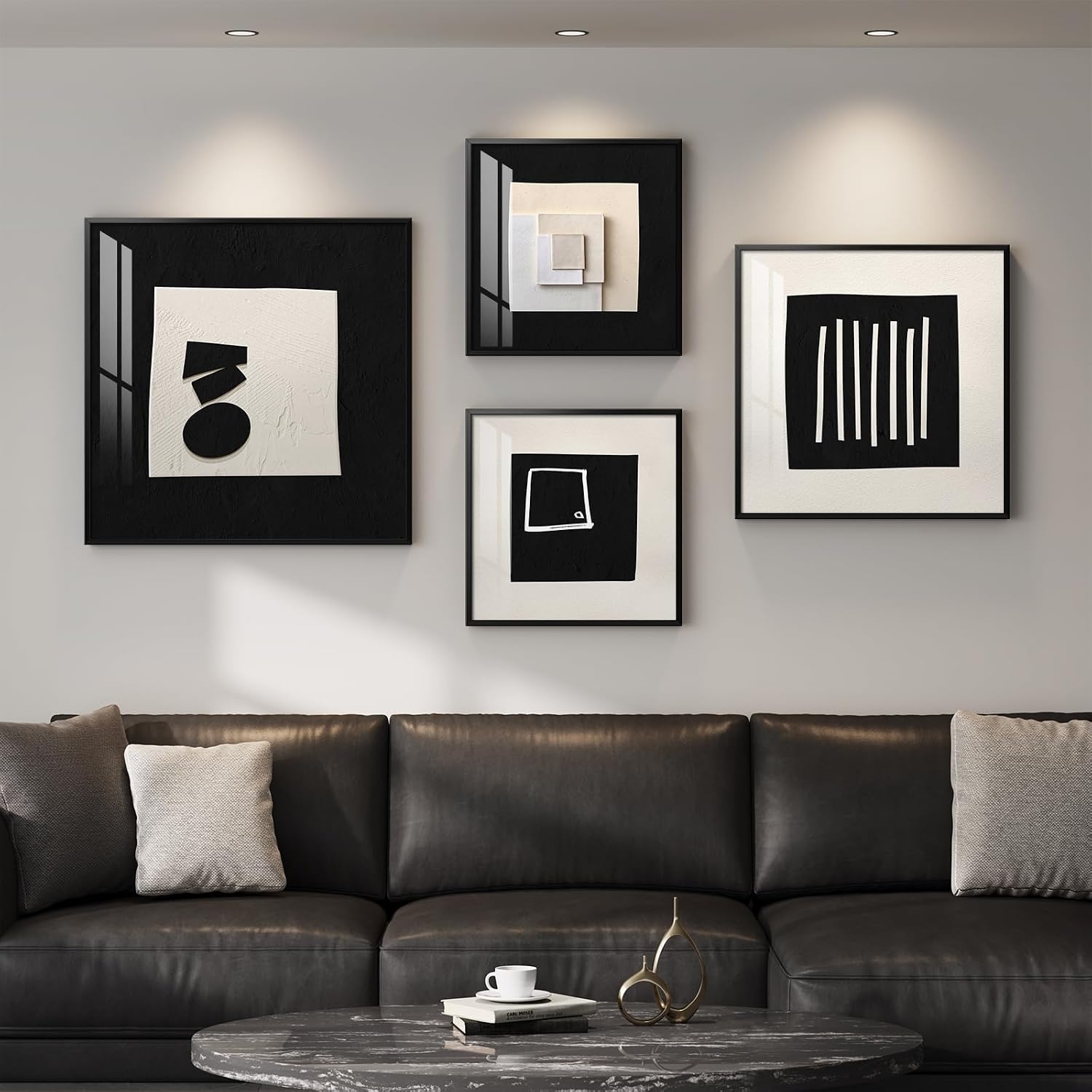 4 Piece Framed Modern Black and White Wall Art for Living Room, Large Abstract Minimalist Geometric Artworks for Walls, Bright Style Picture Prints Paintings for Dining Room Hallway Office Wall Decor