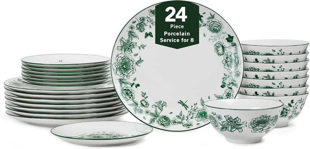 Stone Lain Esme 24-Piece Dinnerware Set Porcelain, Plates and Bowls Set, Dish Set for 8, Microwave and Dishwasher Safe, Green