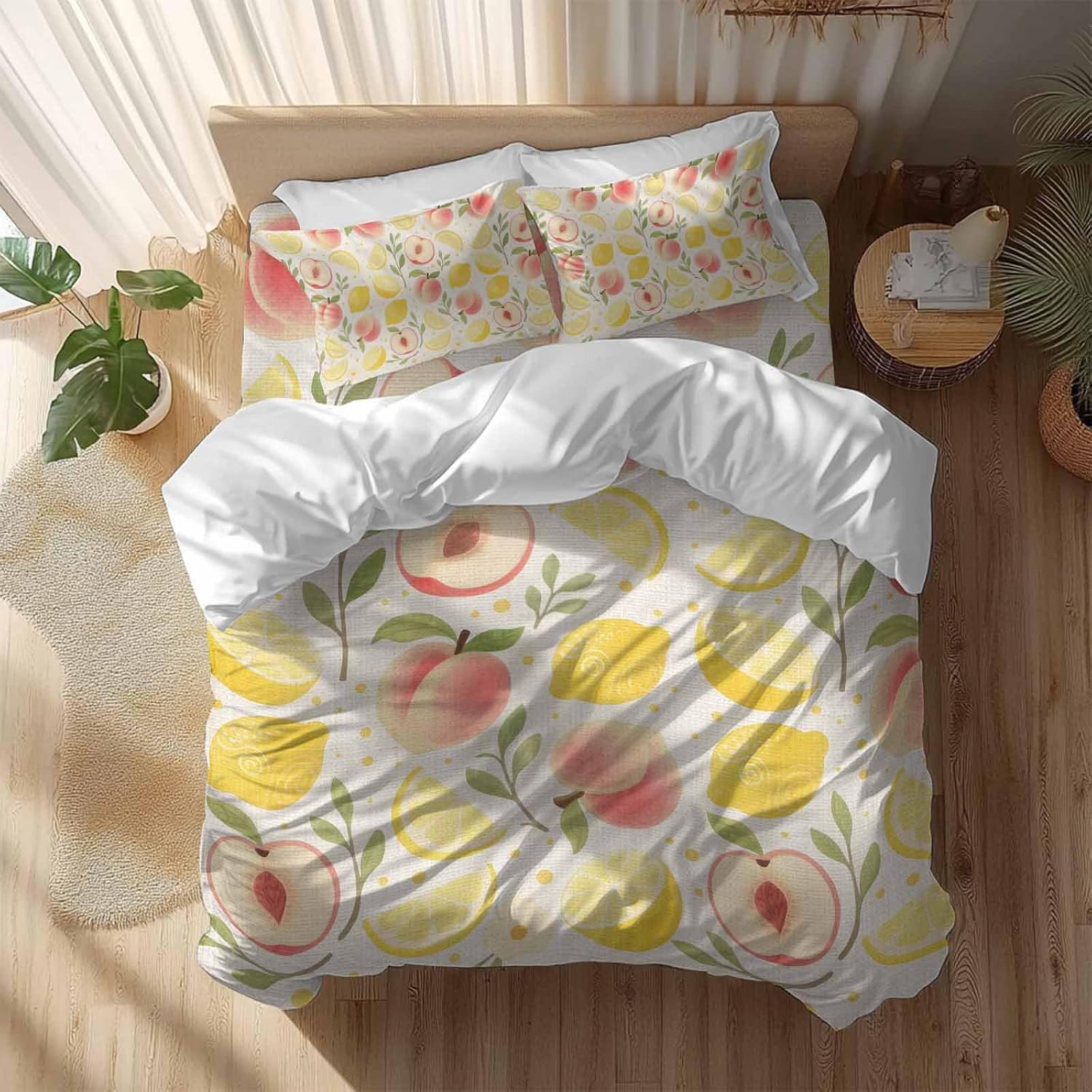 Prime Leader Fruit Leaves Duvet Cover Set Queen Size 4 Pieces Pink Peaches Yellow Lemons Vintage Linen Bedding Set with Zipper Closure, 1 Comforter Cover 90x92 Inches 1 Flat Sheet & 2 Pillow Cases