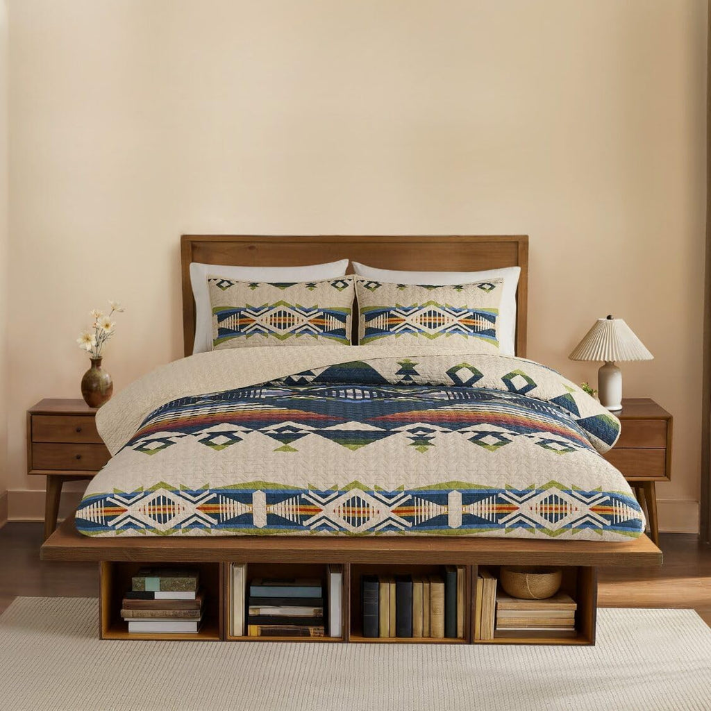 Pendleton King Quilt Set – 100% Cotton 3 Piece Quilt Set with Shams, Soft Lightweight Bedding for King Size Bed, Tan Patterned Comforter Alternative, King Bedding Set (Creekside)