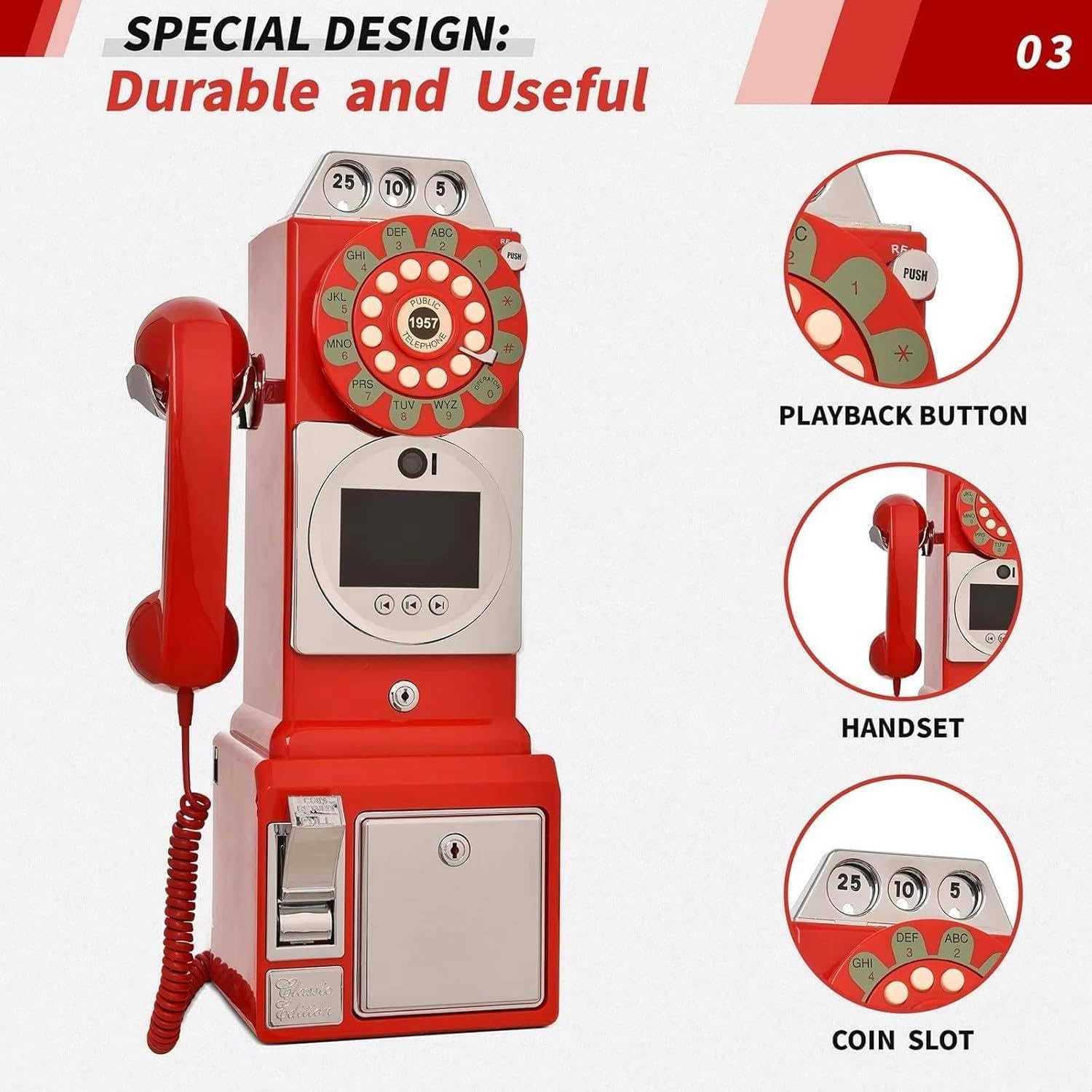 1080P Video Guestbook Wedding Phone, Retro Classic Audio Guestbook Record Customized Audio Messages with Guest Book Telephone for Parties Weddings Birthdays Rentals Confessions,Red-64G