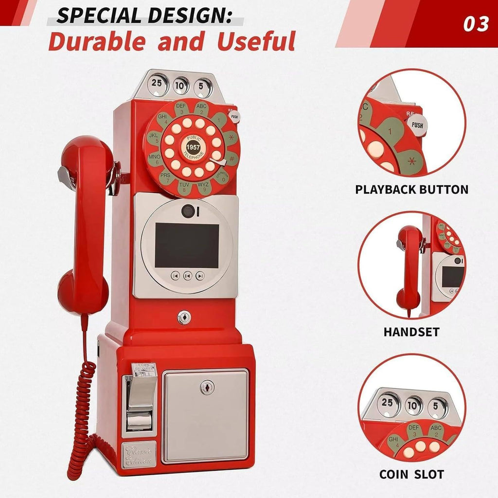 1080P Video Guestbook Wedding Phone, Retro Classic Audio Guestbook Record Customized Audio Messages with Guest Book Telephone for Parties Weddings Birthdays Rentals Confessions,Red-32G