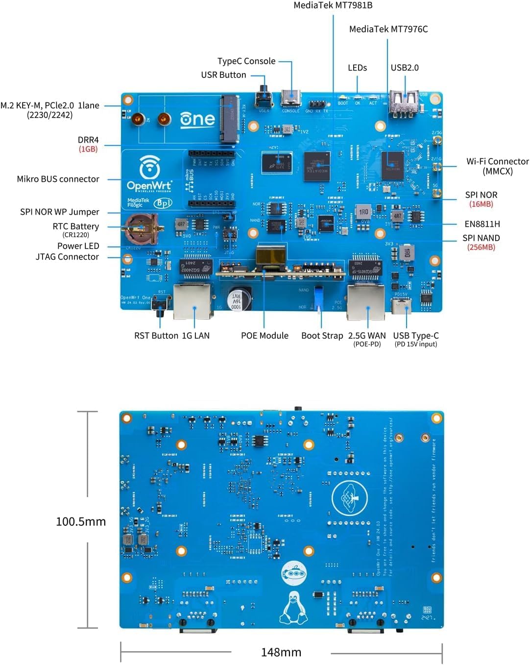 youyeetoo Banana Pi OpenWrt One - WiFi 6 Official OpenWrt Router Mainline Support,MediaTek MT7981B SoC 1GB DDR4 RAM, RJ45 Port