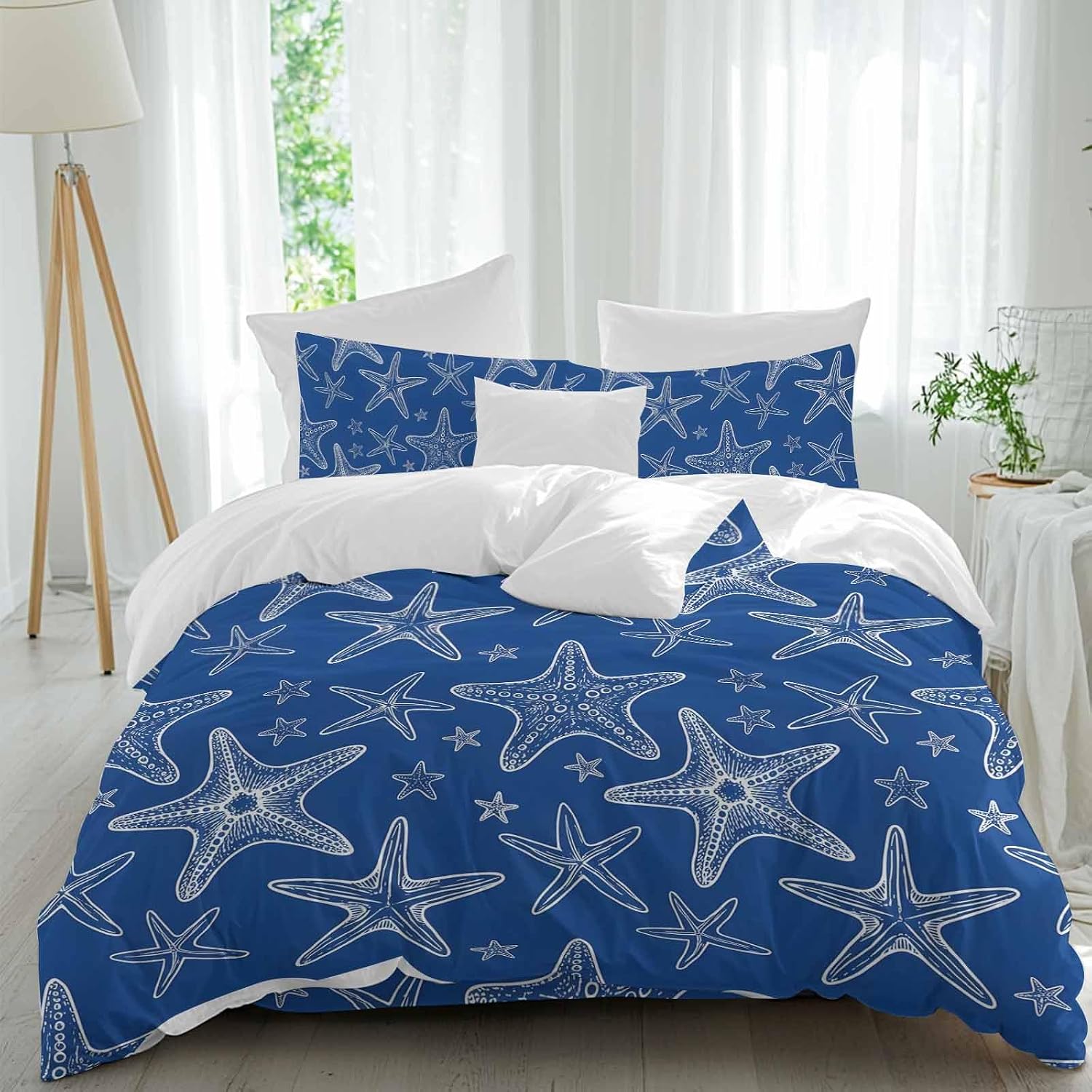 Summer Beach Blue Starfish Duvet Cover Set Queen Size 4 Pieces Modern Nautical Coastal Ocean Marine Life Bedding Set with Zipper Closure, 1 Comforter Cover 86x86 Inches 1 Flat Sheet & 2 Pillow Cases