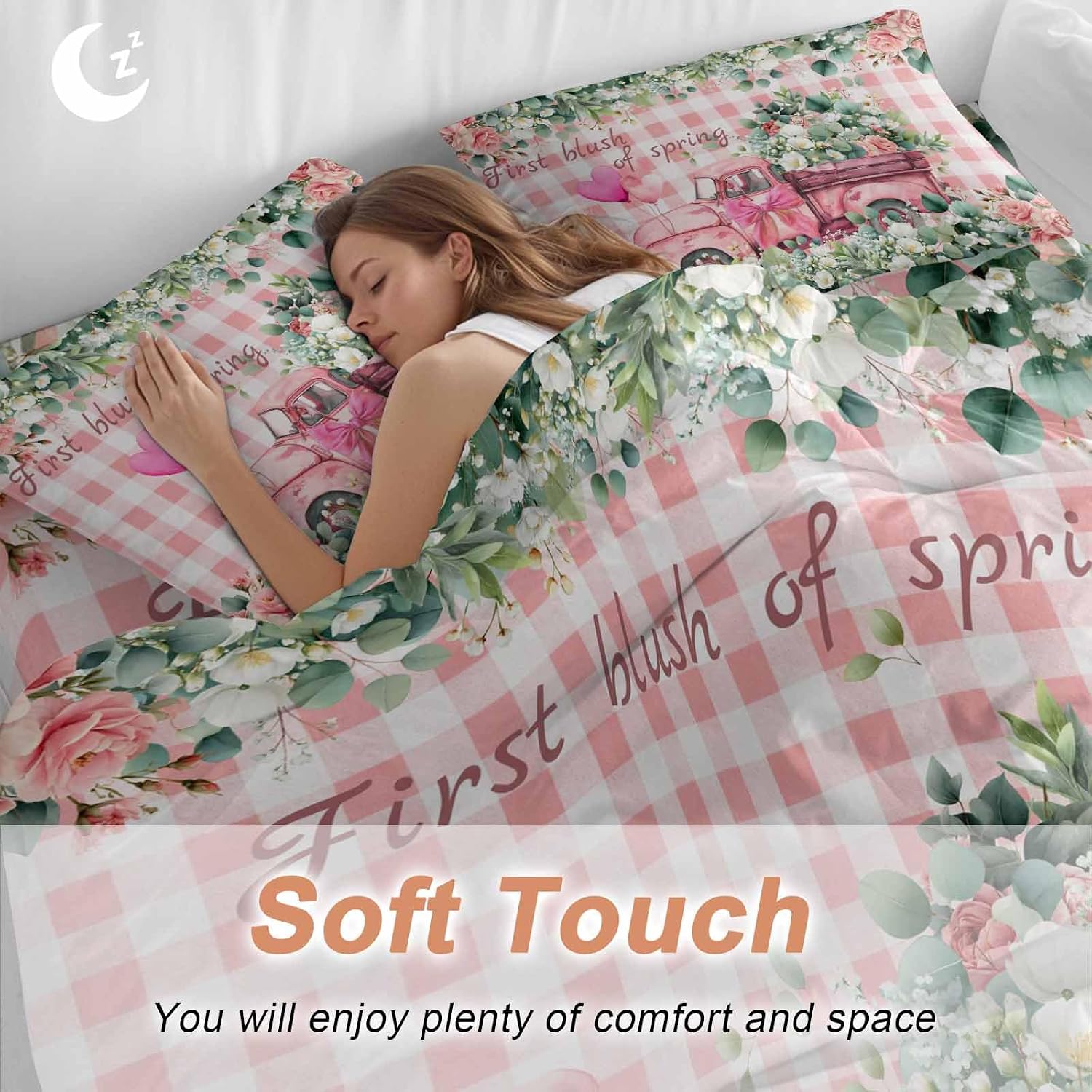 Prime Leader Pink Truck Flowers Duvet Cover Set Queen Size 4 Pieces Spring Rose Green Leaf Pink Plaid Bedding Set with Zipper Closure, 1 Comforter Cover 90x92 Inches 1 Flat Sheet & 2 Pillow Cases