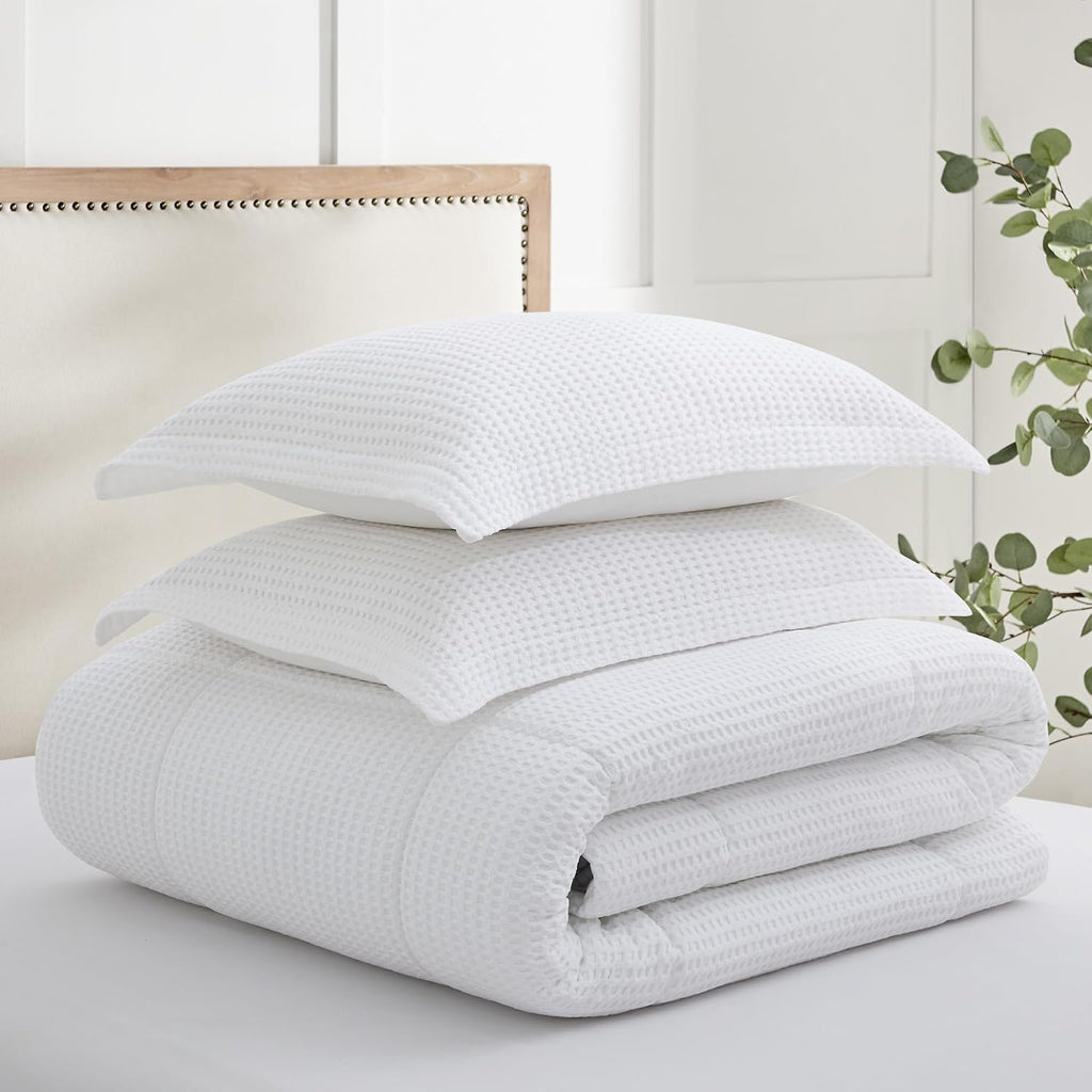 Levtex Home Mills Waffle Full/Queen Comforter Set (90x94in) with 2 Pillow Shams (26x20in) - Bright White - 100% Cotton Full/Queen Size Comforter Set - Soft, Pre-Washed