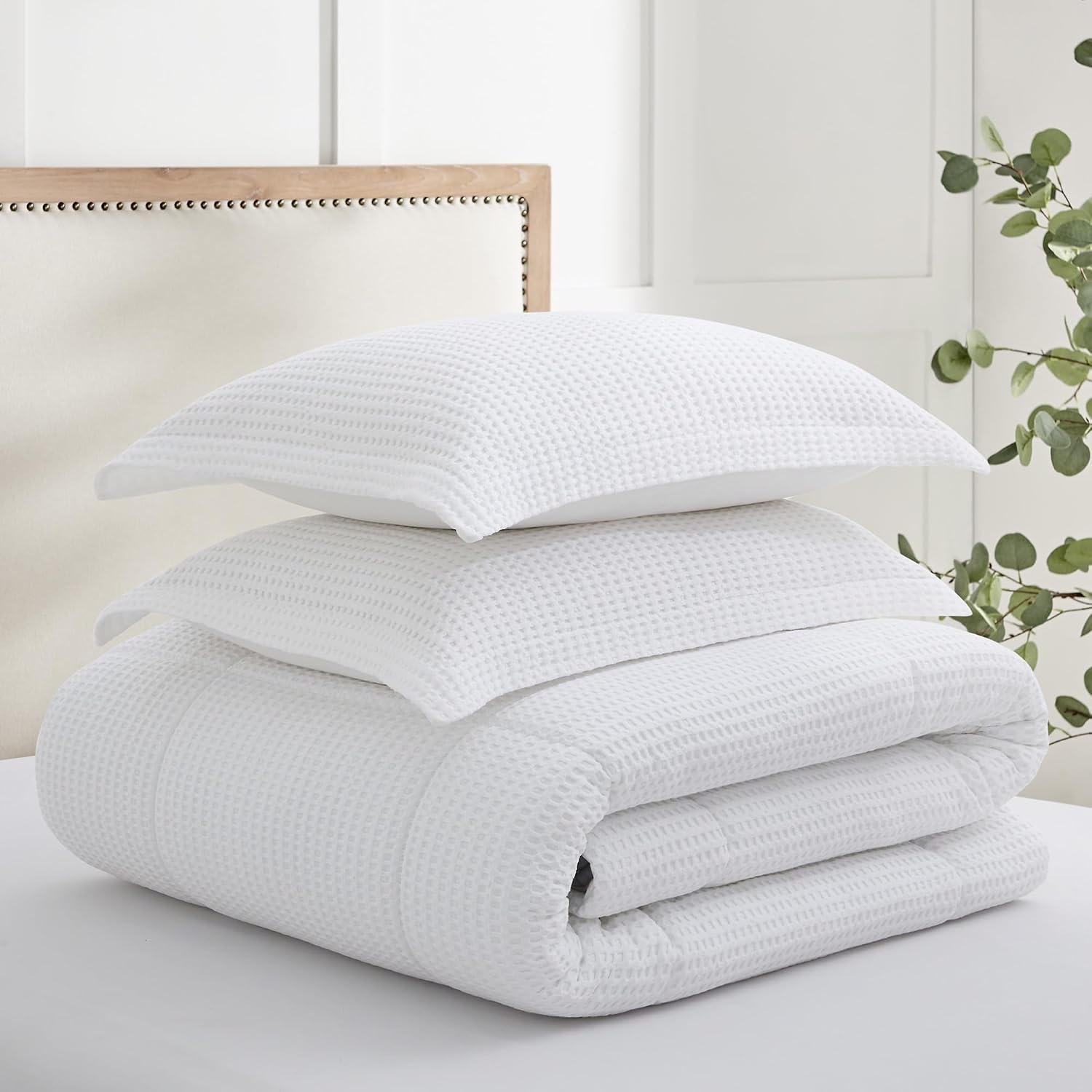 Levtex Home Mills Waffle Full/Queen Comforter Set (90x94in) with 2 Pillow Shams (26x20in) - Bright White - 100% Cotton Full/Queen Size Comforter Set - Soft, Pre-Washed
