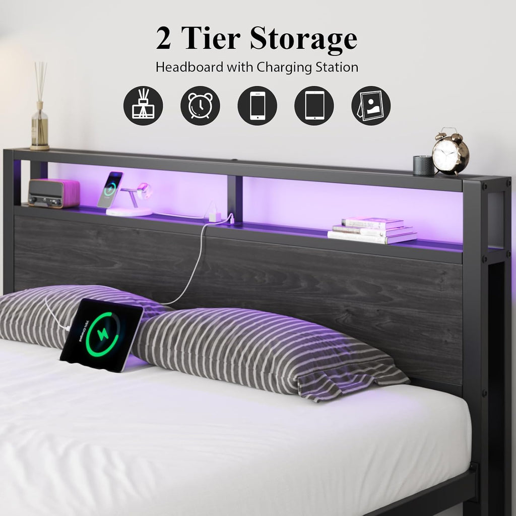 LOEWAY King Size Bed Frame with Storage Headboard, Industrial Platform Bed with Charging Station and LED Lights, Heavy Duty Metal Slats, No Box Spring Need, Noise Free, Black